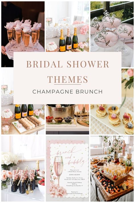 This theme is sweet and girlie. You can dress it up and make everyone dress up or keep it casual. Everyone loves brunch and champagne!! Champagne Shower Theme, Champagne Showers Theme, Champagne Brunch Bridal Shower Ideas, Champagne Bridal Shower Theme, Bridal Shower Themes Champagne, Bridal Shower Pop The Champagne, Champagne Bridal Shower Invitations, Brunch And Bubbly Bridal Shower Invitations, Bridal Shower Champagne