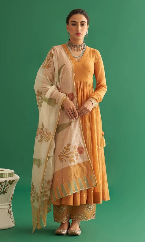 https://www.shopdrzya.com/products/nadira-mughals-mustard-yellow-angrakha-anarkali-set-of-3 Anarkali With Palazzo, Angrakha Style Anarkali, Angrakha Anarkali, Yellow Anarkali, Angrakha Style, Organza Lace, Golden Lace, Latest Dress Design, Desi Fashion Casual