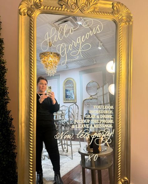 Loved writing on this gorgeous mirror for @poshpaperstationery! Swipe to see the adorable phone that goes along with it for guests to leave a message at a wedding reception! Come see it in person (and all the other wonderful bridal offerings) when I teach a calligraphy class on April 17 at Gallery 118 in the Reading Bridal District! The perfect calligraphy night for DIY brides! 👰 . . . #customlettering #moderncalligraphy #madeinohio #moderncalligrapher #letteringartist #cincinnati #calli... Mirror Calligraphy, Write On Mirror, Writing On Mirror Wedding, Mirror Writing Ideas, Writing On Mirror, You Look Gorgeous Mirror Wedding, Hello Gorgeous Wedding Mirror, You Look Amazing Mirror Wedding, Mirror Writing Wedding