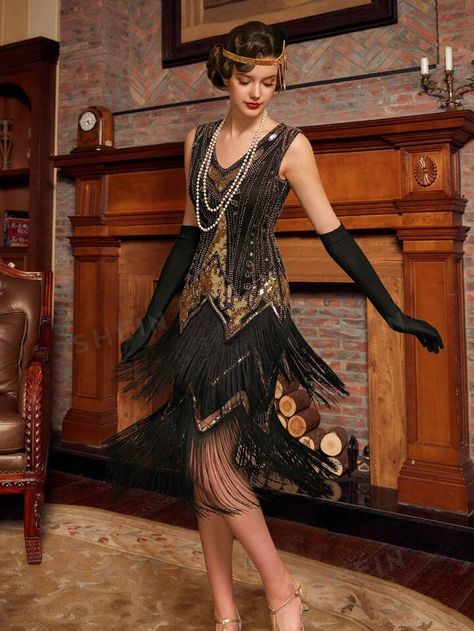 Women's 1920s Sparkly V-Neck Flapper Dress Gold Sequined Fringe Hem Dress | SHEIN USA 20s Dance Outfit, Flapper Dance Costume, 1920s Women Fashion, 1920 Theme Party Outfit, 1920s Woman Fashion, 1920s Dresses Formal, 70s Formal Fashion, 1920s Aesthetic Women, 1920s Aesthetic Party