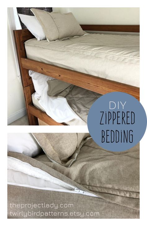 Diy Sheets Bed, Diy Bed Quilt, Zipper Bedding Diy How To Make, Diy Zip Up Bedding, Rv Zipper Bedding, Rv Bunk Bedding, Beddys Bedding Diy, Diy Bunk Bed Bedding, Diy Zippered Bedding