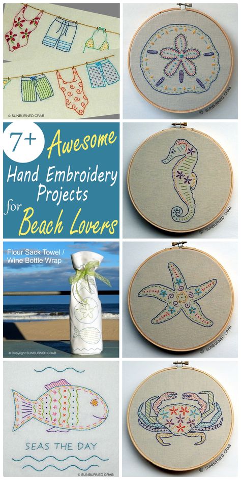 Hand Embroidery Patterns that are perfect to create for your beach decor. Starfish Embroidery Pattern, Nautical Embroidery Designs, Coastal Embroidery Designs, Beach Embroidery Patterns, Shark Embroidery Pattern, Seaside Embroidery, Coastal Embroidery, Beach Embroidery Designs, Moon Embroidery Pattern