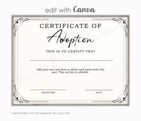 Adoption Certificate Template Edit With Canva, Certificate for Adoption Certificate Template, Certificate Of Adoption, Certificate Border, Embossed Seal, Editable Certificates, Simple Borders, Adoption Certificate, Agenda Template, Parent Child Relationship