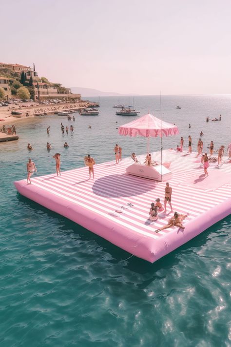 Pool Pink Aesthetic, Pink Pool Float Aesthetic, Luxury Pool Party, Beach Brand Activation, Inflatable Pool At Beach, Inflatable Pool Beach, Water Activity, Mediterranean Summer, Inflatable Water Park