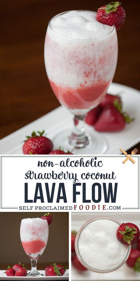 This blended non-alcoholic Strawberry Coconut Lava Flow made with fresh strawberries, pineapple juice and coconut cream is the perfect tropical mocktail. #lavaflow #strawberry #coconut #pineapple #blended #nonalcoholic #kidfriendly #drink #mocktail Hawaiian Punch Recipes, Romantic Drinks, Virgin Drinks, Mocktail Drinks, Alcohol Free Drinks, Strawberry Drinks, Hawaiian Punch, Coconut Drinks, Drink Recipes Nonalcoholic