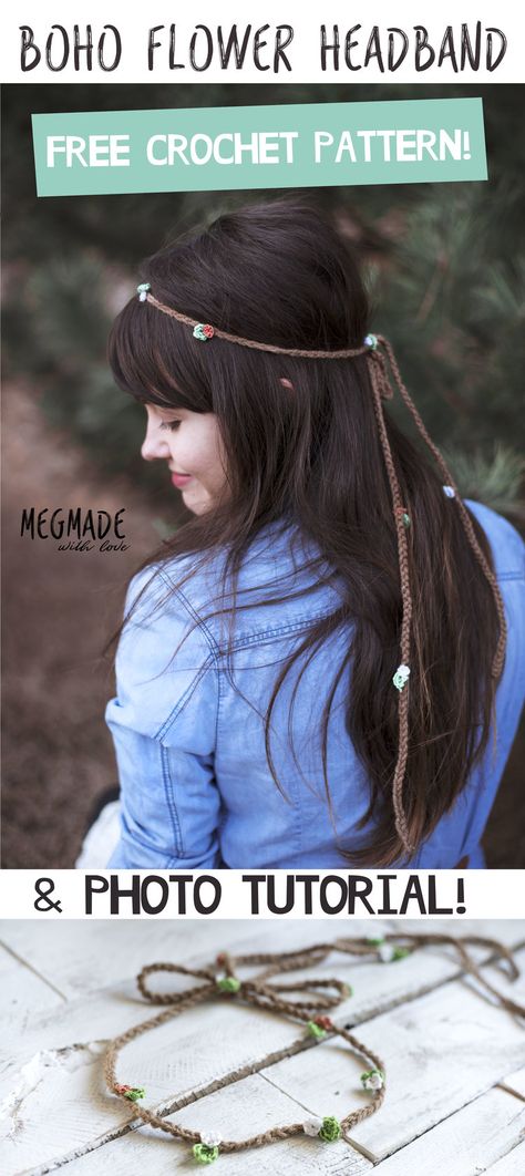 Free Crochet Pattern for an Easy Boho Flower Headband - Megmade with Love Crochet Flower Headbands, Crochet Hairband, Crochet Puff Flower, Crochet Headband Pattern Free, Hippie Headbands, Rose Patterns, Free Form Crochet, Crochet Headbands, Crochet Jewelry Patterns