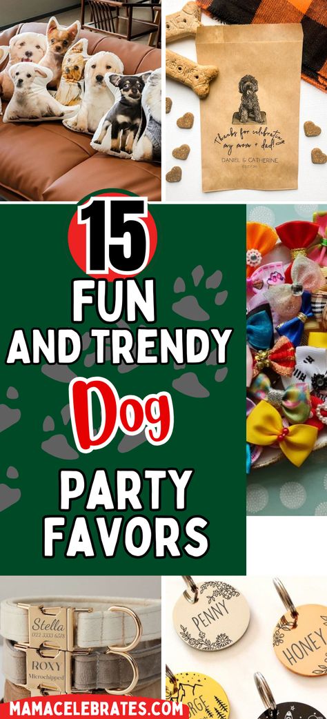 Throwing a party for your pup? Here are 15 fun & trendy party favors for dogs. From treats to collars we have your googie bags for dogs covered. Dog Party. Dog Gift Ideas. 15 Party Favors, Dog Fundraiser, Birthday Dog Treats, Dog Party Favors, Dog Gift Ideas, Dog Treat Bag, Dog Cover, Funny Bones, Dog Cakes