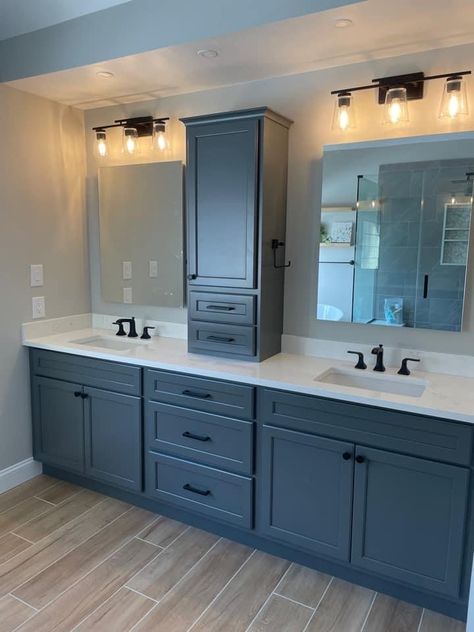 Bathroom Remodel With Blue Cabinets, Blue Cabinets White Countertops Bathroom, Blue Bathroom Vanity With Gray Floor, Navy Blue Double Vanity Bathroom, Master Bath With Navy Vanity, Master Bath Ideas Blue, Navy Master Bath Ideas, Menards Bathroom Remodel, Slate Blue Bathroom Vanity