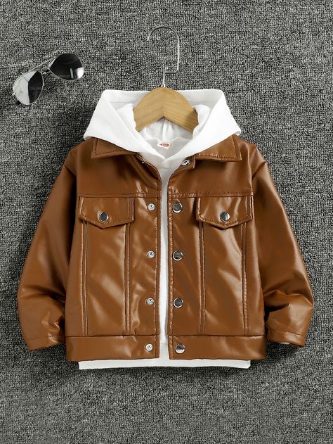 Brown Casual Collar Long Sleeve Polyester Plain Other Embellished Non-Stretch  Toddler Boys Clothing Boys Winter Jackets, Toddler Jacket, Pu Jacket, Stylish Winter Outfits, Toddler Boy Outfits, Boys Jacket, Boys Clothing, Toddler Boys, Kids Boys