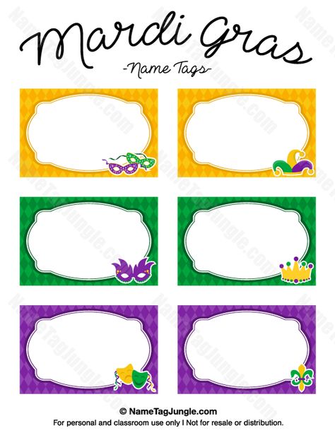 Free printable Mardi Gras name tags. The template can also be used for creating items like labels and place cards. Download the PDF at http://nametagjungle.com/name-tag/mardi-gras/ Christmas Food Labels Printable, Shrove Tuesday Activities, Mardi Gras Coloring Pages, Masquerade Gala, Mardi Gras Invitations, Madi Gras, Printable Tags Template, Name Tag Templates, Mardi Gras Crafts