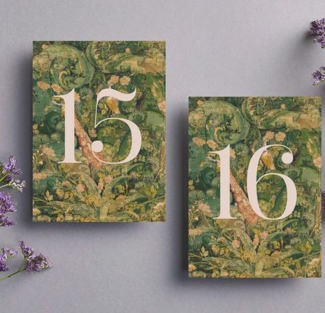 Green Tapestry Table Numbers Instant Download, Canva Template, Printable Table Numbers - Etsy Spring Green Wedding Theme, Unique Table Numbers Wedding Seating Charts, Decor List For Wedding, Tuscan Wedding Seating Chart, Serpentine Tables Wedding, Unique Wedding Place Cards, Unique Wedding Table Numbers, Green Fall Wedding, Vintage Table Numbers