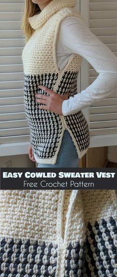 Easy Cowled Sweater Vest [Free Crochet Pattern] Crochet Sweater Vest, Vest Pattern Free, Gilet Crochet, شال كروشيه, Crochet Vest Pattern, Mode Crochet, Crochet Diy, Vest Pattern, Crochet Vest