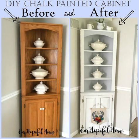 DIY Chalk Paint Corner Cabinet Styled With Ironstone Before And After Transformation #ourhopefulhome #cornercabinet #diningroomdecorating #ironstonecollection #chalkpaintmakeover #pinecabinet #chalkpaint Corner Cabinet Makeover Diy Projects, Redo Corner Cabinet, Chalk Paint Corner Cabinet, Antique Corner Cabinet Makeover, Corner Cabinet Redo Ideas, Corner Cabinet Paint Ideas, Painted Antique Corner Cabinet, Refinished Corner Cabinet, Painted Corner Cabinet Ideas