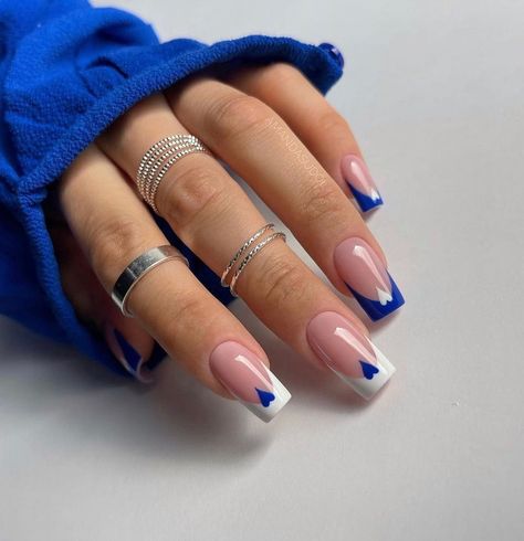 Summer Nails 2023 Coffin French Tip, Square Acrylic Nails Blue, Square Oval Nails Short, Blue And White Nails, Graduation Nails, Valentine Nails, Square Nail Designs, Colorful Nails, Her Nails