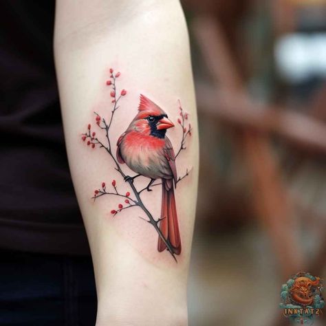 Cardinal Cherry Blossom Tattoo, Cardinals And Flowers Tattoos, Cardinal Tattoo For Men, Floral Tattoo With Cardinal, Tree With Cardinal Tattoo, Cardinal Bird Tattoos Memorial, Female Cardinal Tattoo, Cardinal On Dogwood Branch Tattoo, Cardnial Tattoo