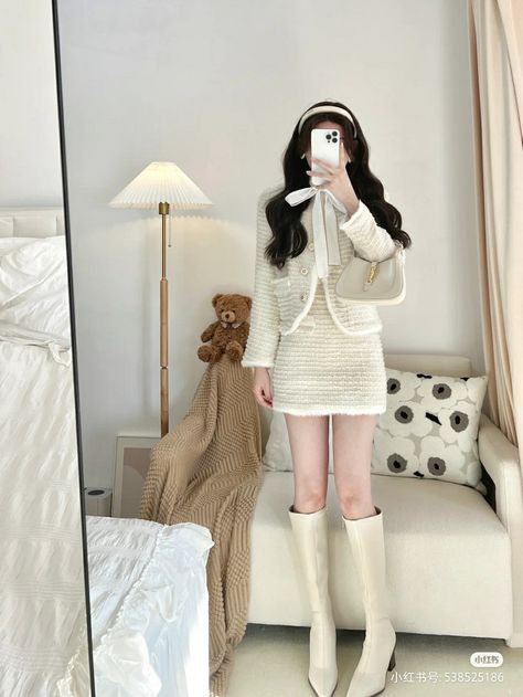 Girly Outfits Asian, Cute Cardigan Outfits, Rich Girl Outfits, Classy Outfits For Women, Kawaii Fashion Outfits, Korean Fashion Dress, Kawaii Dress, Estilo Preppy, Classy Style