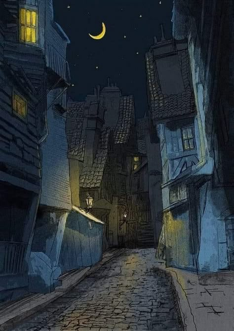 Night Village, Night Illustration, Dark Street, City Illustration, Fairytale Art, Night Art, Animation Background, Fantasy Concept Art, Dreamy Art