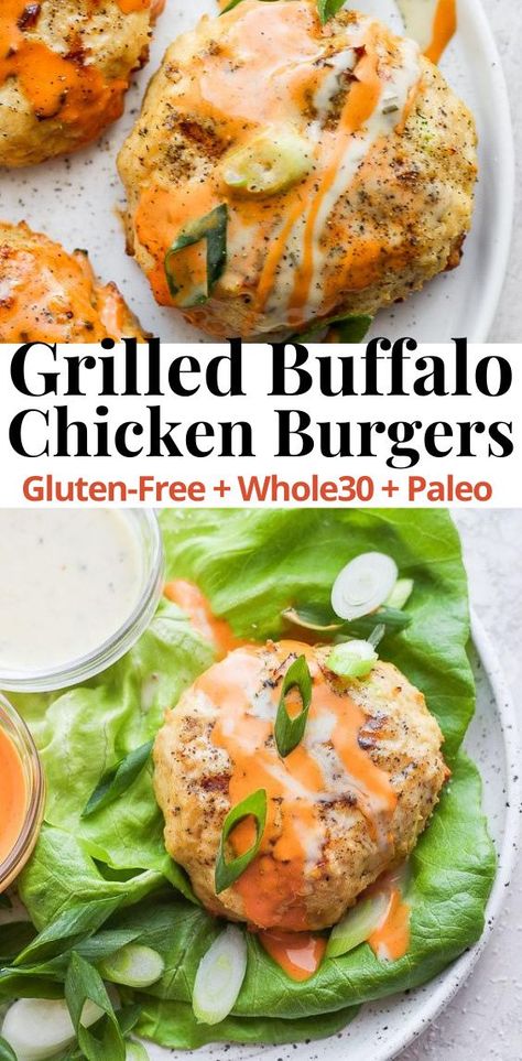 Buffalo Chicken Burgers – packed with flavor, made with ground chicken these burgers are a perfect healthy weeknight dinner to make on the grill (and they make amazing leftovers!). Gluten-Free + Dairy-Free + Paleo + Whole30. #GrilledChickenBurgerRecipes #GroundChickenRecipes #HealthyWeeknightDinner #TheWoodenSkillet Buffalo Chicken Burgers, Ground Chicken Recipes, Chicken Burger, Health Dinner, Health Dinner Recipes, Ground Chicken, On The Grill, Whole 30 Recipes, Buffalo Chicken