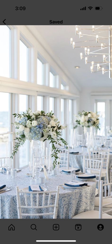 Wedding Reception Blue And White, Wedding Flower Reception, Beach Club Wedding Decor, Summer Country Club Wedding, Wychmere Beach Club Wedding, Costal Wedding Aesthetic, Wychmere Wedding, Blue Flower Centerpieces, Low Country Wedding