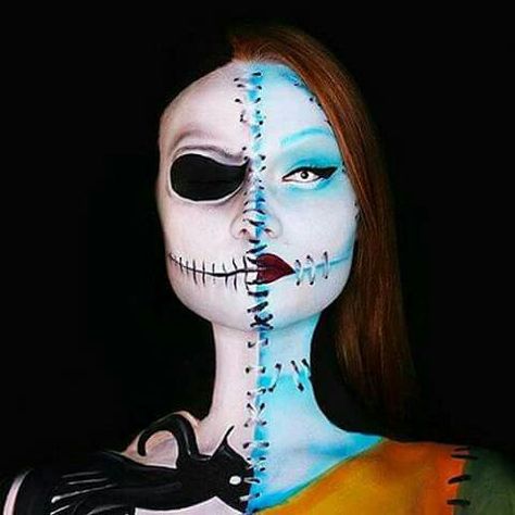 Half and half jack and his girl lol Halloween Makeup Tutorials, Make Up Diy, Halloweenský Makeup, Cool Halloween Makeup, Horror Makeup, Halloween Series, Halloween Makeup Tutorial, Face Painting Halloween, Halloween Makeup Easy