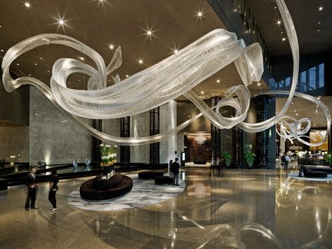 Grand Lobby Glass Sculptures by Nikolas Weinstein at InterContinental Hotel Shanghai Puxi, Shanghai Ribbon Installation, Recessed Ceiling Spotlights, Foyer Chandelier, Lobby Interior, Stainless Steel Lighting, Lobby Design, The Lobby, Recessed Ceiling, Suspension Design