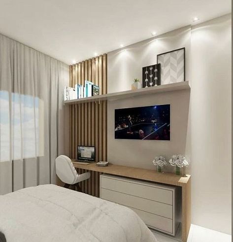 Desk With Tv Above It Bedroom, Tv Above Desk Bedroom, Tv Ideas Bedroom, Small Bedroom Tv Ideas, Bedroom With Tv Ideas, Small Bedroom Tv, Simple Study Room, Apartemen Studio, Tv In Bedroom