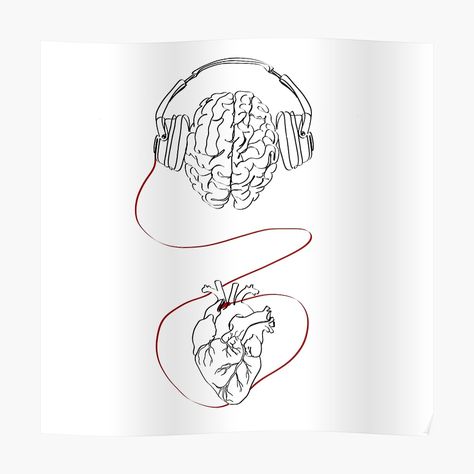 Get my art printed on awesome products. Support me at Redbubble #RBandME: https://www.redbubble.com/i/poster/Continuous-line-illustration-of-brain-wearing-headphones-connected-to-heart-Abstract-inspirational-illustration-encouraging-to-listen-to-your-heart-by-AriadnaArt/77234825.LVTDI?asc=u Music Heart Tattoo, Headphones Tattoo, Punisher Artwork, Music Sketch, Colour Tattoo For Women, Headphones Art, Brain Tattoo, Doodle Tattoo, Inspirational Illustration