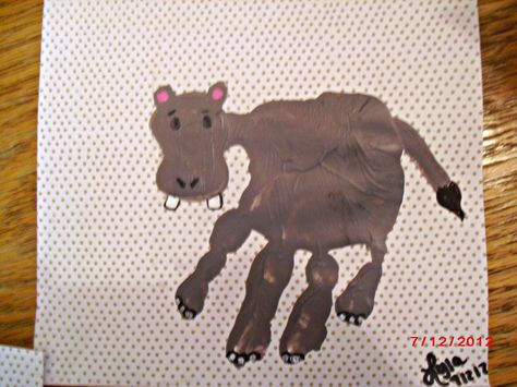 hippo handprint Hippo Handprint Craft, Zoo Arts And Crafts, Dayhome Crafts, Handprint Animals, Handprint Alphabet, Hand And Foot Print Art, Handprint Footprint Crafts, Letter H Crafts, Hippo Crafts