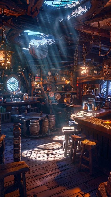 Dnd Tavern Aesthetic, Pirate Tavern Aesthetic, Dungeon Basement, Fantasy Pub, Steampunk Landscape, Medieval Pub, Fantasy Interior, Witches Cottage, Fantasy Shop