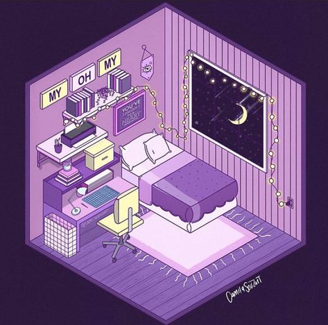 isometric bedroom drawing made in procreate and inspired by other post from pinterest. art, ilustration, blender, color palette Dream Bedroom Drawing, Cute Bedroom Illustration, Room Drawings Aesthetic, Aesthetic Bedroom Drawing, Purple House Aesthetic, Bedroom Ideas Drawing, Bedroom Drawing Ideas, Pastel Aesthetic Bedroom, Isometric Rooms