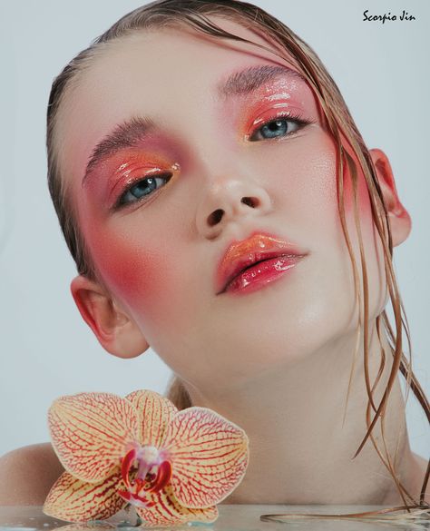 Flower Fashion Photography Editorial, Spring Editorial Makeup, Editorial Flower Makeup, Peach Fuzz Makeup, Flower Make Up, Makeup With Flowers, Pink Flower Makeup, Apricot Makeup, High Fashion Makeup Editorial