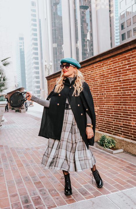 plaid dress, cape, gold buttons. Fall style, Seasonal Style, OOTD, fashion blogger, women’s fashion, street style, outfit inspiration, outfit ideas, outfits, what to wear now, trends, OOTD Inspo, Best Street Style, Street Wear, Ladies Fashion, Spring Style, Blogger Style, Street Wear, fashion week Capelet Outfit, Beret Street Style, Black Capelet, Plaid Cape Coat, Vintage Plaid Outerwear With Pockets, Midi Skirt Winter, Vintage Plaid Collared Outerwear, Retro Wool Plaid Outerwear, Trendy Winter Fashion