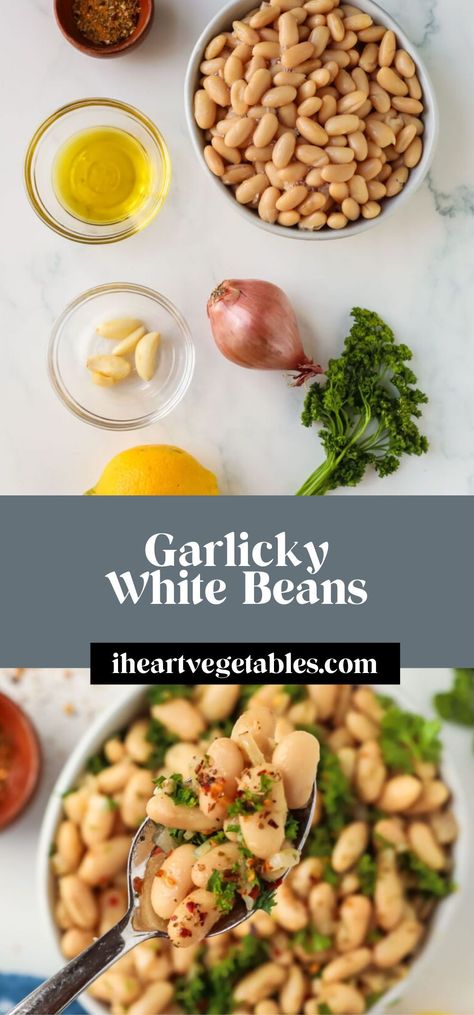 These garlicky white beans are a quick and delicious side dish, packed with protein and fiber! Made with creamy cannellini beans, plenty of garlic, and spicy crushed red pepper flakes, this recipe brings out the best flavors of these simple ingredients! White Bean Chili Vegetarian, Beans Recipe Healthy, Buffalo Chicken Pizza Recipe, Yummy Lunch Recipes, Cannellini Beans Recipes, Spicy Soup, 15 Minute Meals, White Bean Soup, Cannellini Beans