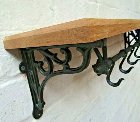 Solid Oak Wooden Shelf Rustic Vintage Victorian Cast Iron Brackets & Kitchen Utility Pot Pan Hooks Rail Country Farmhouse Kitchen - Etsy Antique Shelf Brackets, Rustic Shelf Brackets, Art Nouveau House, Cast Iron Brackets, Oak Shelf, Cast Iron Shelf Brackets, Country Farmhouse Kitchen, Kitchen Utility, Metal Shelf Brackets