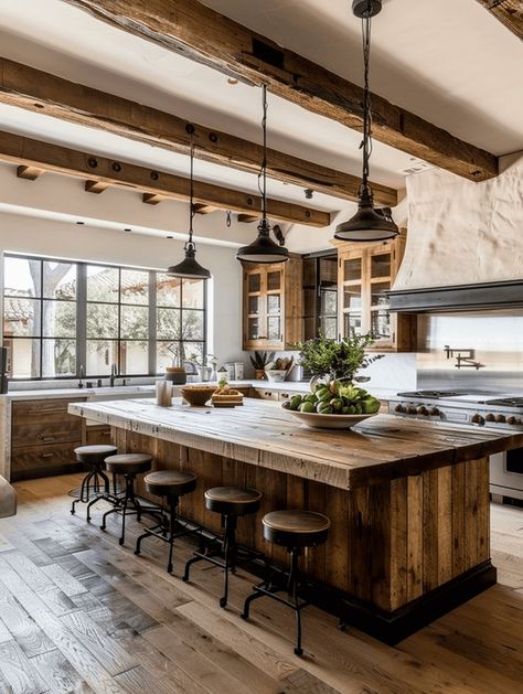 Cozy Farmhouse Kitchen Ideas: Rustic Kitchen Island with Iron Fixtures Modern Hacienda Kitchen, Rustic Modern Kitchen Ideas, Hacienda Kitchen, Modern Kitchen Ideas, Rustic Country Kitchens, Rustic Kitchen Island, Farmhouse Kitchen Island, Modern Rustic Decor, Rustic Modern Kitchen