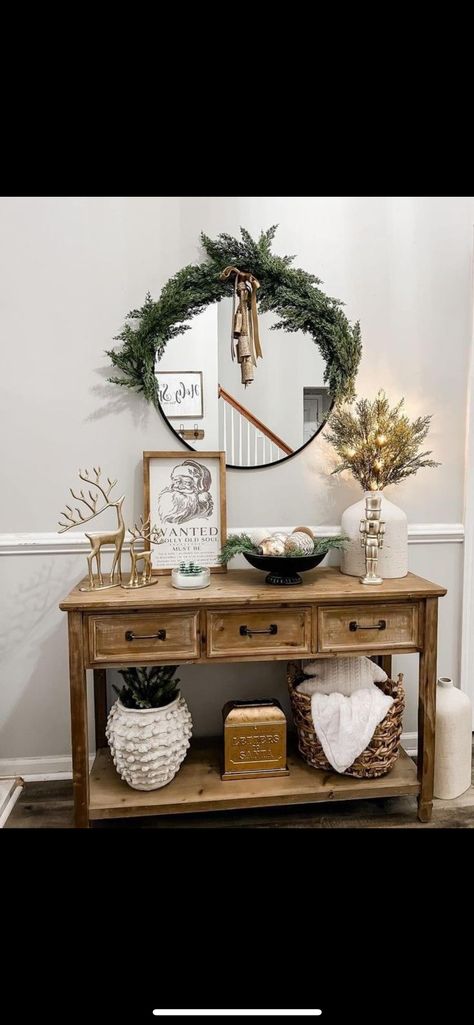 Small Entryway Table Christmas Decor, Holiday Entry Table Decor, Entry Way Christmas Decor Ideas, Christmas Decor Entry Table, Christmas Entryway Decor Front Entry, Entry Table Christmas Decor, Entry Table Christmas Decor Ideas, Christmas Console Table Decor, Christmas Entry Table