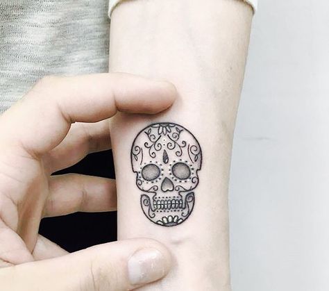 Small detailed sugar skull Mexican Skull Tattoos, Womens Tattoo Sleeve Ideas, Small Skull Tattoo, Womens Tattoo Sleeve, Candy Skull Tattoo, Tattoo Sleeve Ideas, Mexican Tattoo, Shape Tattoo, Sugar Skull Tattoos