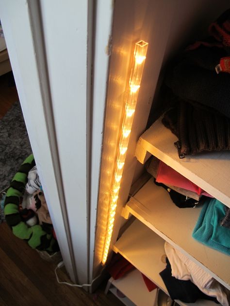 30" LED light strip from IKEA. Diy Closet Lighting Ideas, Lights In Closet, Closet Lighting Ideas, Led Closet Light, Tiny Closet, Ikea Closet, Closet Hacks, Shop Sign Design, Closet Lighting