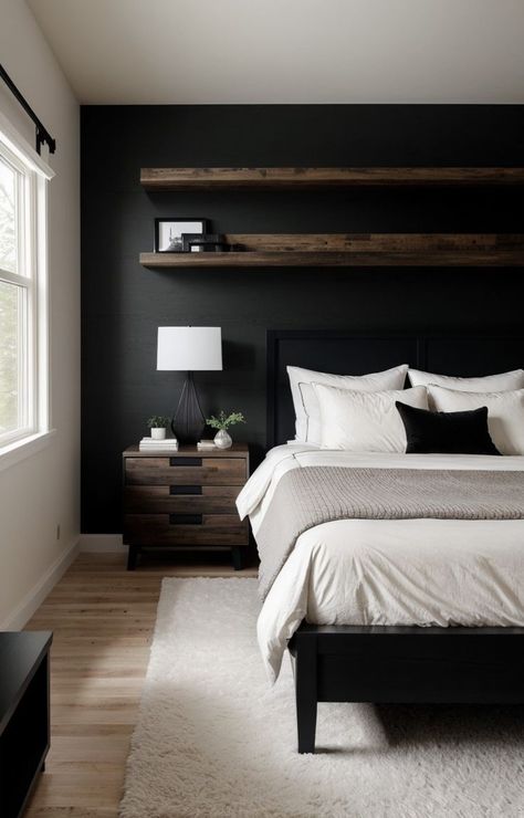 Black And Grey Bedroom, Black Walls Bedroom, Mens Bedroom, Black Bedroom, Bedroom Refresh, Home Alone, Master Bedrooms Decor, Remodel Bedroom, Black Walls