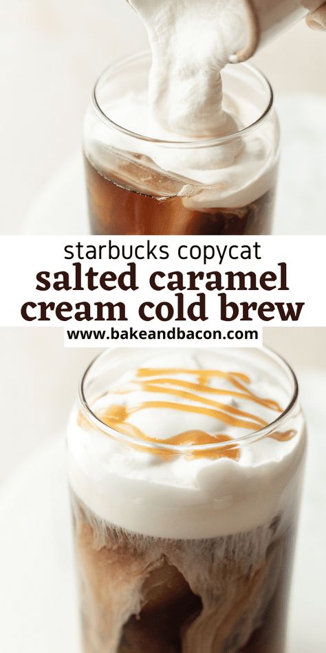 This salty and sweet coffee creation is even better than Starbucks Salted Caramel Cream Cold Brew. It's cold brew topped with salted caramel cream that only takes a few minutes to make! Salted Caramel Cream Cold Brew, Caramel Cream Cold Brew, Flavored Coffee Recipes, Cream Cold Brew, Nespresso Recipes, Cold Brew Coffee Recipe, Cold Brew Recipe, Cold Brew Iced Coffee, Starbucks Caramel