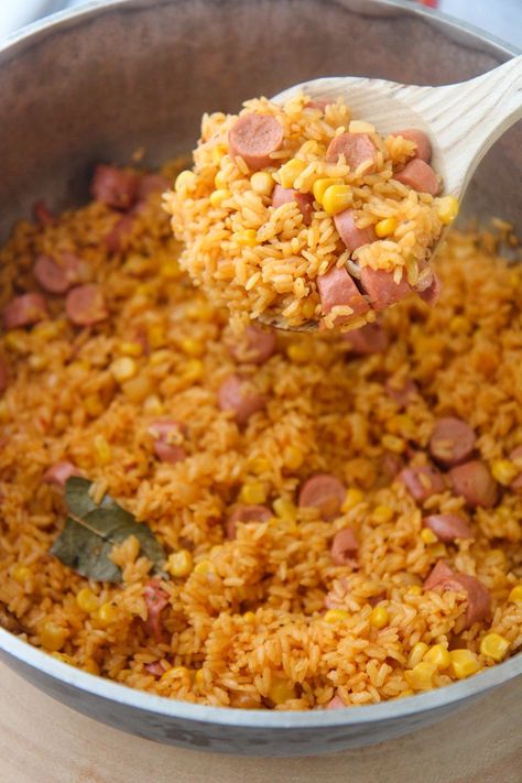 Yellow Rice With Corn, Yellow Rice And Sausage Recipe, Puerto Rican Recipes Rice, Rice With Sausage, Yellow Rice Recipes, Vienna Sausage, Sausage Rice, Boricua Recipes, Cuban Cuisine