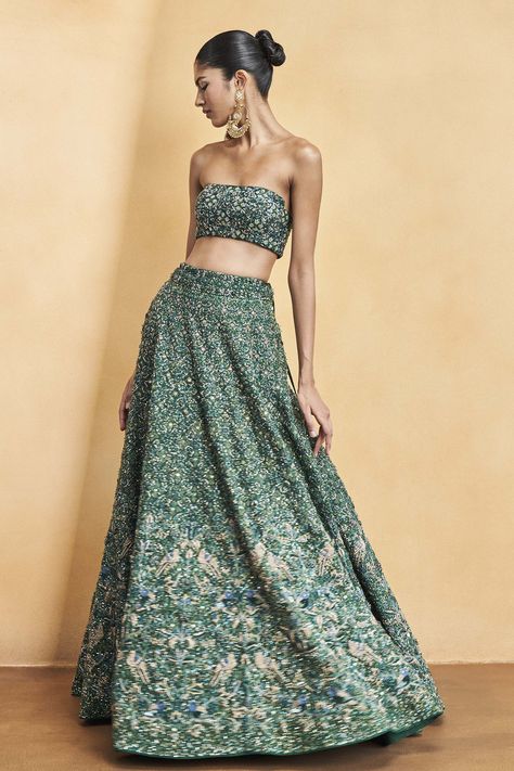 DEEP INTO THE FOREST SKIRT SET - GREEN $6,269 Indian Two Piece Outfit, Indian Outfits Modern, Skirt Set Outfit, Indian Skirt, Indian Outfits Lehenga, Anita Dongre, Into The Forest, Sister Outfits, Dresses Indian