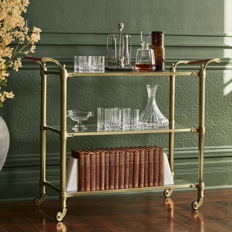 Beckett Bar Cart | Williams Sonoma Decorated Bar Cart, Bar Cart Glasses, Secretary Desk Bar, Vintage Bar Cart Styling, Outdoor Curtain Ideas, Apartment Bar Cart, High End Bar, Liquor Cart, Wooden Bar Cart