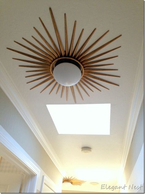 Maybe in our hallway...Starburst flush mount...DIY version-too cute for a low ceiling light! Sunburst Ceiling Medallion, Diy Starburst Clock, Starburst Ceiling Medallion, Sunburst Ceiling Light, Small Hallway Lighting Ideas Ceilings, Craft Room Lighting Ideas Ceilings, Boho Ceiling Lamp, Sunburst Light Fixture, Ceiling Fan Low Ceiling