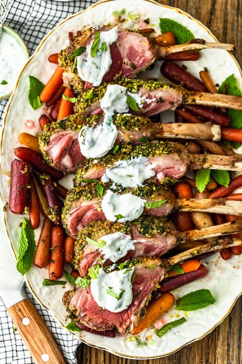 Rack of Lamb is an elegant option for holidays and special occasions. This delicious Herb Crusted Rack of Lamb recipe is simple yet filled with incredible flavor! The Mint Yogurt Sauce is the perfect compliment to the savoriness of this dish. Try this roast rack of lamb for a beautiful Easter Dinner! Lamb Side Dishes, Mint Yogurt Sauce, Roast Rack Of Lamb, Crusted Rack Of Lamb, Lamb Dinner, Roasted Lamb, Lamb Chop Recipes, Mint Yogurt, Lamb Dishes