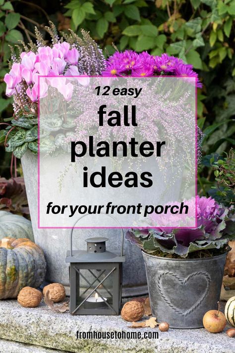 12 Easy Fall Planter Ideas For Your Front Porch | Fall Home Decor Fall Planters Front Porches Shade, Front Door Planters Entrance Flower Pots, Ornamental Cabbage Planter Fall, Fall Pots For Front Porch, Fall Front Porch Flower Pot Ideas, Front Porch Autumn Decor Ideas, Mum Planters Front Porches, Fall Plants For Pots, Fall Potted Plants Front Porches