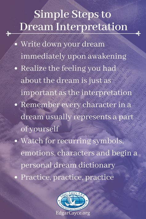 Hundreds of Cayce's readings deal with the subject of dreams and dream interpretation.  According to Edgar Cayce, each night we have contact with spiritual and psychic forces through our dreams.  Cayce believed that dreams  help direct us to higher and more balance accomplishments in our physical, mental, and spiritual lives.  Kevin Todeschi, in his book 𝑫𝒓𝒆𝒂𝒎 𝑰𝒎𝒂𝒈𝒆𝒔 𝒂𝒏𝒅 𝑺𝒚𝒎𝒃𝒐𝒍𝒔 offers the following steps to help with dream interpretation.  Learn more:  EdgarCayce.org/dreams Dream Interpretation Symbols, Dream Psychology, Understanding Dreams, Dream Dictionary, Edgar Cayce, Dream Images, Energy Healing Spirituality, Dream Symbols, Dream Meanings