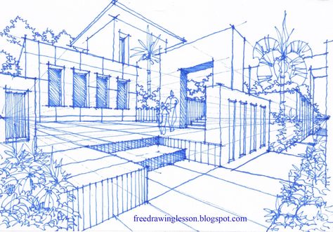 DRAW & SKETCH 2 Point Perspective Photo, Drawing Perspective, 2 Point Perspective, Exterior Drawing, Perspective Drawing Architecture, Perspective Drawing Lessons, Building Sketch, Building Drawing, Architecture Sketchbook