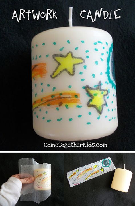 "Using wax paper, white tissue paper, markers, and a hair dryer, help the kids imprint their creative works onto the candle using instructions found on Come Together Kids." Fun Homemade Gifts, Cheap Candles, Mothers Day Crafts For Kids, Quick Gifts, Kids Artwork, Classroom Crafts, Fathers Day Crafts, Mothers Day Crafts, Grandparent Gifts