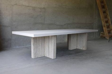 Long Concrete and Reclaimed Elm Dining Table - Mecox Gardens Modern Dining Table Concrete, Concrete Dinning Room Table, Concrete Effect Dining Table, Concrete Dinning Table, Cement Dining Table Pottery Barn, Stone Top Side Table, Dining Furniture Makeover, Rustic Dining Furniture, Concrete Dining Table